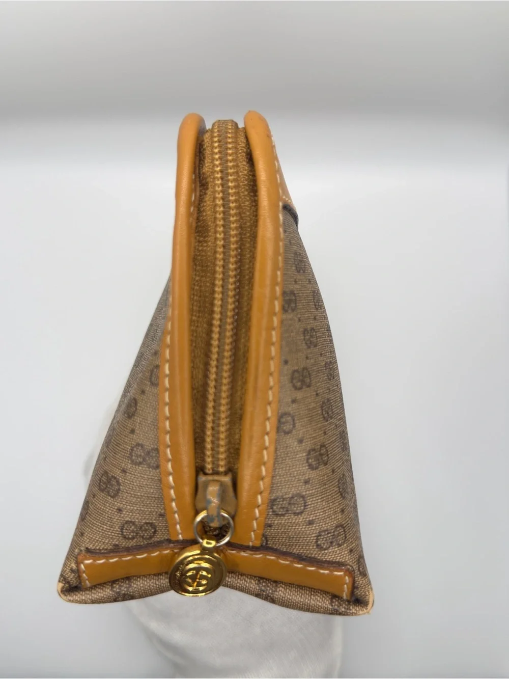Vintage Gucci Micro GG Monogram Cosmetic Pouch Caramel Leather.
